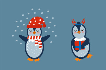 Festive Penguins for New Year's design. Cartoon set of characters with birds of winter. Vector illustration