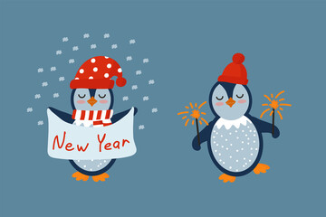 A set of cute festive Penguins. Cartoon poster or postcard with winter birds. The inscription Happy New Year and sparklers. Vector illustration