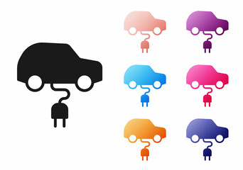 Black Electric car and electrical cable plug charging icon isolated on white background. Renewable eco technologies. Set icons colorful. Vector