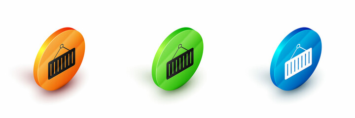 Isometric Container on crane icon isolated on white background. Crane lifts a container with cargo. Circle button. Vector