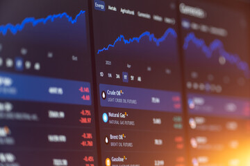 Analysis of stock quotes on the monitor. Graph of exchange rate of currencies or stock index on a computer monitor for analysis .