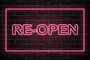 open neon sign. red glow. neon text. Brick wall lit by neon lamps. Night lighting on the wall. Trendy Design. light banner, bright advertisement