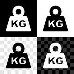 Set Weight icon isolated on black and white, transparent background. Kilogram weight block for weight lifting and scale. Mass symbol. Vector