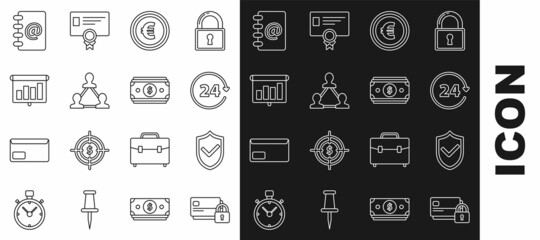 Set line Credit card with lock, Project team base, Presentation financial board graph, schedule, chart, diagram, infographic, pie graph, Address book and Stacks paper cash icon. Vector