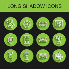 Set line Whistle, Award cup American, Football stadium, Planning strategy concept, Locker changing room for football, basketball team workers, and ticket icon. Vector