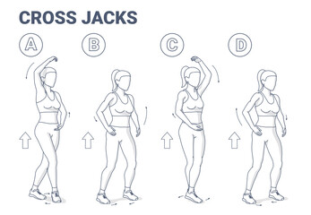 Cross Jacks Cardio Bunny Exercise Guide Illustration. Girl Working on Her Muscles Colorful Concept.