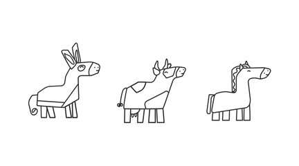  farm animals,cow,donkey,horse simple outline drawing  vector illustration   