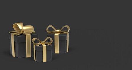 Black gift boxes on a black background with copy space. Cartoon style. 3D image