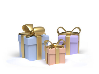 Cartoon style gift boxes on a snow. Clipping path. 3D image
