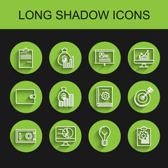 Set line Safe, Computer monitor with graph chart, Document, Light bulb concept of idea, Clipboard, Money bag and coin, Target and User manual icon. Vector
