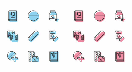 Set line Medicine pill or tablet, Pills blister pack, Medical book, bottle and pills, and icon. Vector