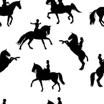 silhouettes of female riders isolated on a white background, seamless background, pattern for decoration, equestrian sports 
