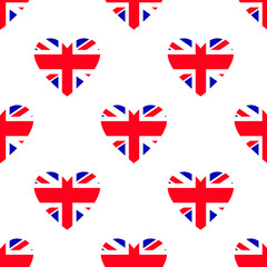 United Kingdom flag independence day seamless pattern. Patriotic country flag background. United Kingdom flag in the shape of heart. Vector seamless pattern.