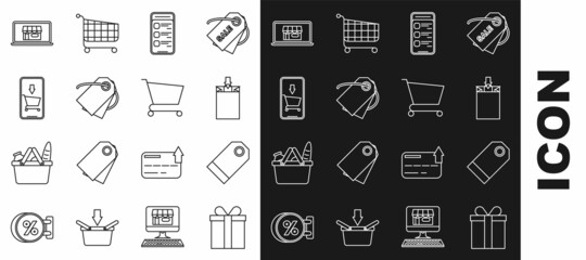 Set line Gift box, Blank label template price tag, Paper shopping bag, Online on mobile phone, Mobile and cart, Shopping building screen laptop and icon. Vector