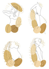Collection. Silhouettes of the figure of a girl and a leaf of a plant in a modern one-line style. Solid line, aesthetic outline for home decor, posters, stickers, logo. Vector illustration set.