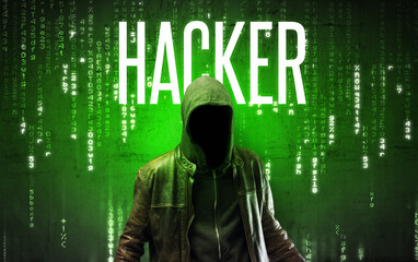Faceless hacker with inscription concept