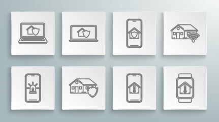Set line Mobile phone with smart house and alarm, Laptop under protection, House, temperature, Smart watch, home wi-fi and icon. Vector