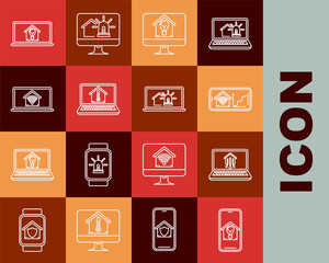 Set line Mobile phone with smart house and light bulb, Laptop home, wi-fi, Computer monitor, temperature, and alarm icon. Vector