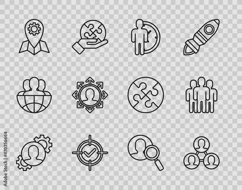 Poster Set line Human with gear inside, Project team base, Time Management, Target and check mark, Location job, Magnifying glass for search people and Users group icon. Vector