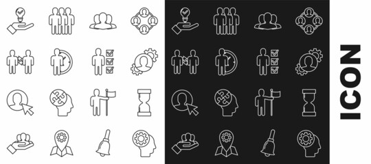 Set line Human head with gear inside, Old hourglass flowing sand, Users group, Time Management, Project team base, Light bulb hand and of business suit icon. Vector