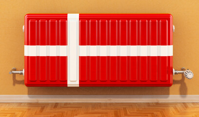 Heating radiator with Danish flag on the wall. Heating in Denmark. 3D rendering