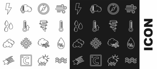 Set line Waves, Water drop percentage, Thermometer, Wind rose, Lightning bolt and Tornado icon. Vector