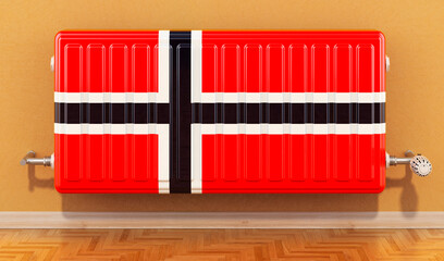 Heating radiator with Norwegian flag on the wall. Heating in Norway. 3D rendering