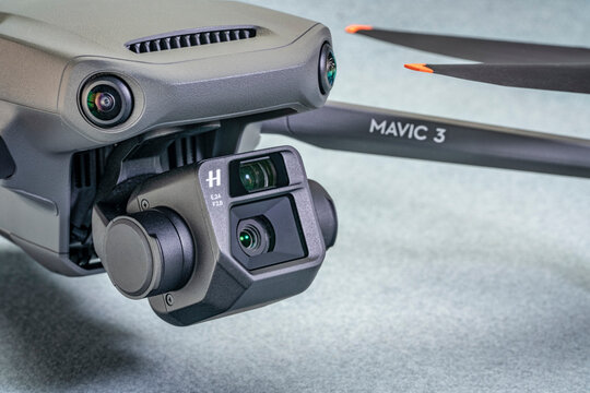 Fort Collins, CO, USA - November 20, 2021: Front of the foldable consumer drone - Mavic 3 with the dual camera by Stock Photo | Adobe Stock