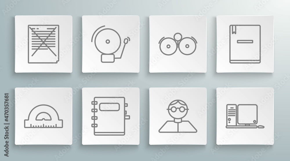 Poster set line protractor grid for measuring degrees, ringing alarm bell, notebook, student, computer moni
