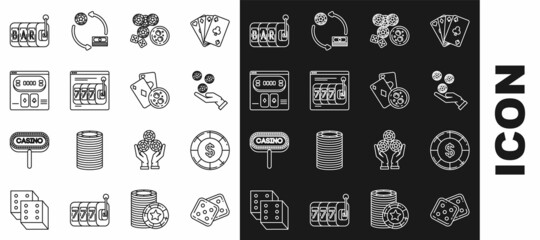 Set line Game dice, Hand holding casino chips, chips, game glass of whiskey cubes, Online slot machine lucky sevens jackpot, poker table, Slot and Playing cards icon. Vector