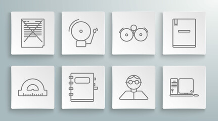 Set line Protractor grid for measuring degrees, Ringing alarm bell, Notebook, Student, Computer monitor with keyboard and mouse, and Exam paper incorrect answers survey icon. Vector
