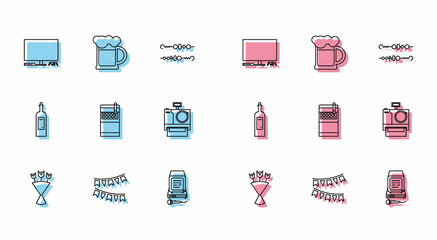 Set line Bouquet of flowers, Carnival garland with flags, Video game console, Karaoke, Open cigarettes pack box, Photo camera, Bottle wine and Wooden beer mug icon. Vector