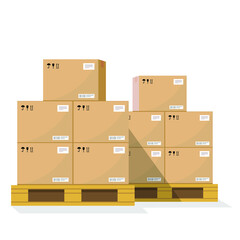 Boxes on wooded pallet illustration, flat style warehouse cardboard parcel boxes stack front view image Box on pallet in warehouse. Carton parcel for storage and cargo. Cardboard boxes in front