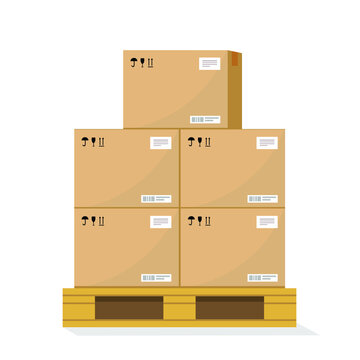 Boxes On Wooded Pallet Illustration, Flat Style Warehouse Cardboard Parcel Boxes Stack Front View Image Box On Pallet In Warehouse. Carton Parcel For Storage And Cargo. Cardboard Boxes In Front 