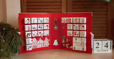 Banner. Original advent calendar made of jewelry boxes and a binder, New Year craft, diy. Magic...