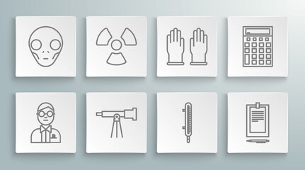 Set line Scientist, Radioactive, Telescope, Meteorology thermometer measuring, Clipboard with document, Rubber gloves, Calculator and Extraterrestrial alien face icon. Vector