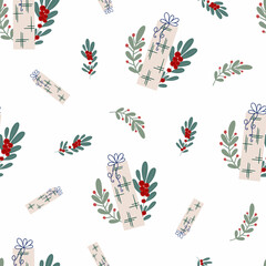 Festive Christmas holiday seamless pattern, berries, gift, plant branch on the white background vector illustration in cartoon flat style for home decor, textile, gift paper