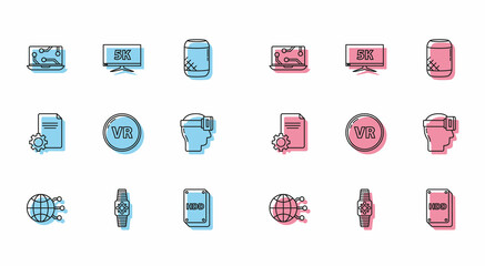Set line Global technology or social network, Smartwatch, Laptop, Hard disk drive HDD, Virtual reality, glasses, File document and Monitor display with 5k video icon. Vector
