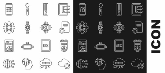 Set line Cloud technology data transfer and storage, Video graphic card, File document, game console, Smartwatch, Processor, Mobile password protection and icon. Vector