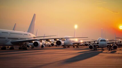 Multiple commercial and private airplanes grounded at an airport due to the travel restrictions caused by a global pandemic. - Powered by Adobe