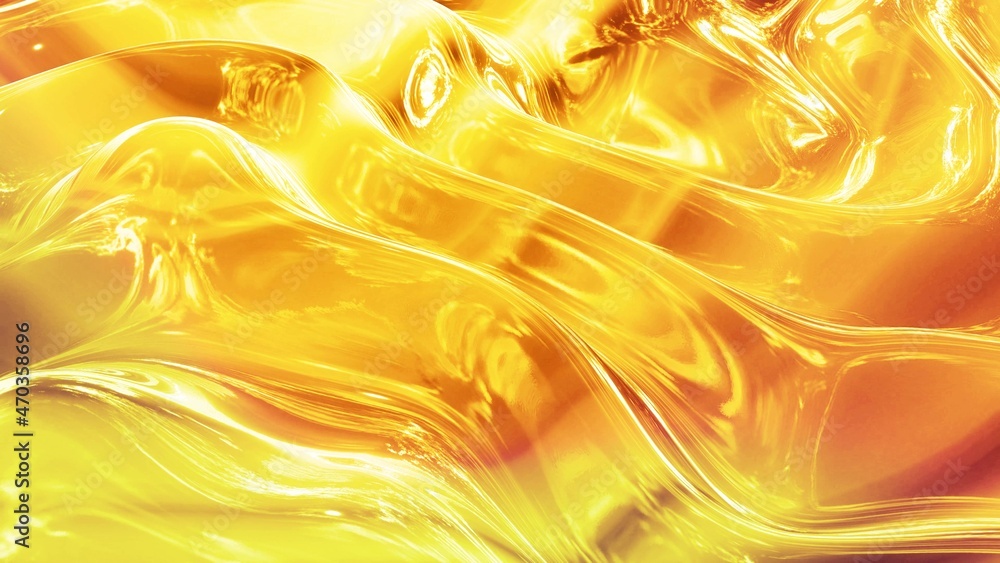 Poster abstract background with wavy sparkling golden liquid pattern on shiny glossy surface. viscous yello