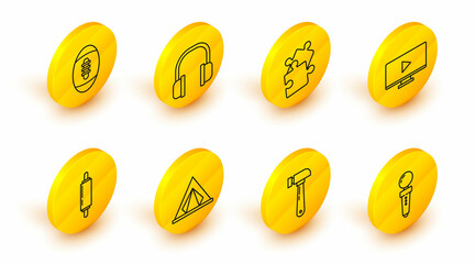 Set line Joystick for arcade machine, Hammer, Tourist tent, Rolling pin, Online play video, Piece of puzzle, Headphones and American Football ball icon. Vector
