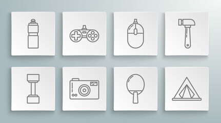 Set line Dumbbell, Gamepad, Photo camera, Racket for playing table tennis, Tourist tent, Computer mouse, Hammer and Fitness shaker icon. Vector