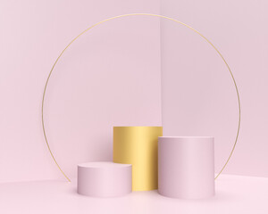 Abstract pink and gold cylinder platform podium. minimal pink wall scene. Modern 3d rendering shape for product display presentation. luxury pedestal design