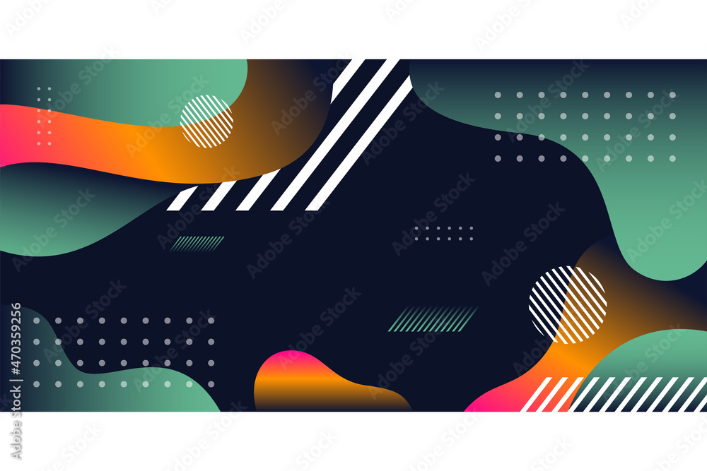 Poster abstract pink orange and green wavy shape on dark blue background with circle and diagonal line patt
