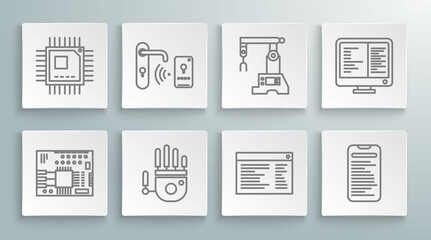 Set line Printed circuit board PCB, Mechanical robot hand, Software, web developer programming code, Computer api interface, Assembly line, monitor screen and Processor microcircuits CPU icon. Vector