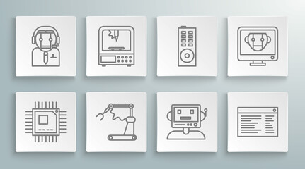 Set line Processor with microcircuits CPU, 3D printer, Industrial machine robotic robot arm hand factory, Robot, Software, web developer programming code, Remote control, Bot and Worker icon. Vector