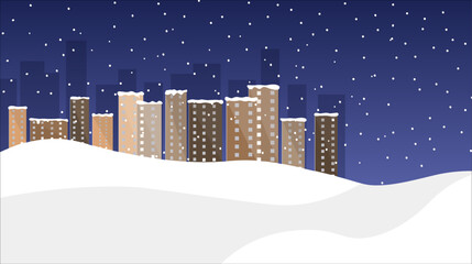 Vector illustration of winter cityscape with snow and modern city background. Winter background, copy space.