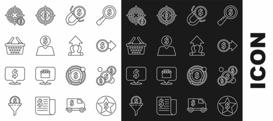 Set line Star and dollar, Coin money with, symbol, Magnet, Business man planning mind, Shopping basket, Target and Growth chart progress people crowd icon. Vector