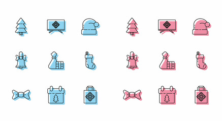 Set line Bow tie, Calendar, Christmas tree, paper shopping bag, Gift box and, stocking, Merry ringing bell and on television icon. Vector